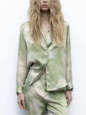 NWT Zara S Silk Green Tie Dye Button-Up Top Shirt